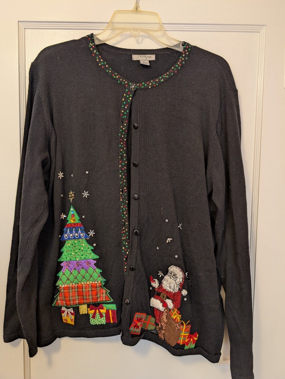 Mercer Street Studio Christmas Cardigan L Santa Tree Sequin Applique 100% Cotton